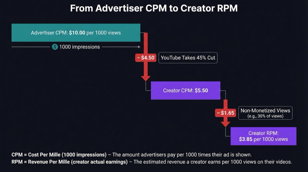 Waterfall chart showing Advertiser CPM of $20 reduced by YouTube's 45% cut and non-monetized views to reach Creator RPM of $8 per 1000 views